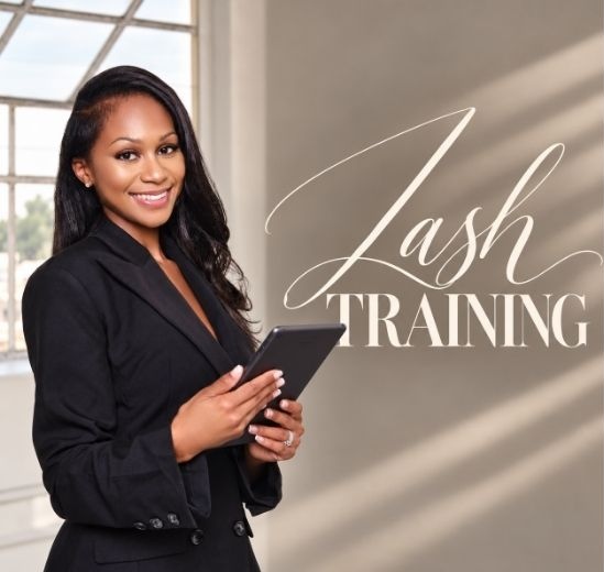 Larie Luxe lash training instructor holding a tablet